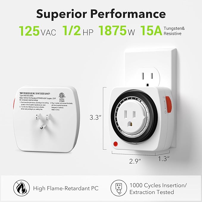 BN-LINK 24-Hour Plug-in Mechanical Timer, Heavy Duty Outlet Timer Indoor - Image 5