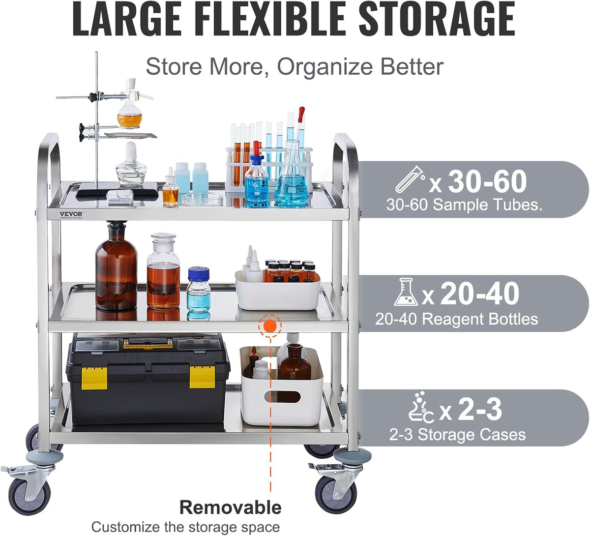 VEVOR Stainless Steel Cart, 3 Layers Lab Utility Cart 220 lbs Weight Capacity...