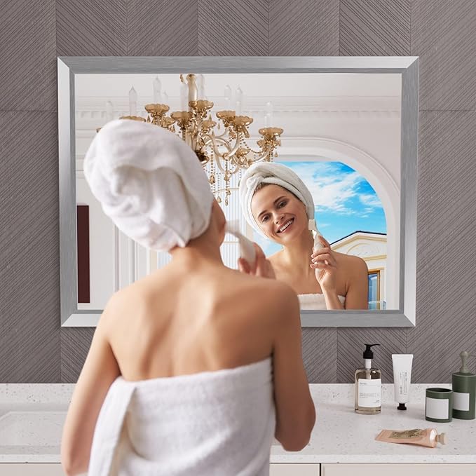 Amorho 48X36 Inch Bathroom Mirror Silver, Thick Metal Framed Wall Mirrors - Image 6