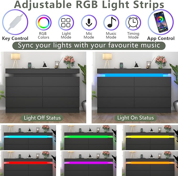 6 Drawer Dresser with Power Outlet, Dresser with LED Light, Modern Chest of - Image 4
