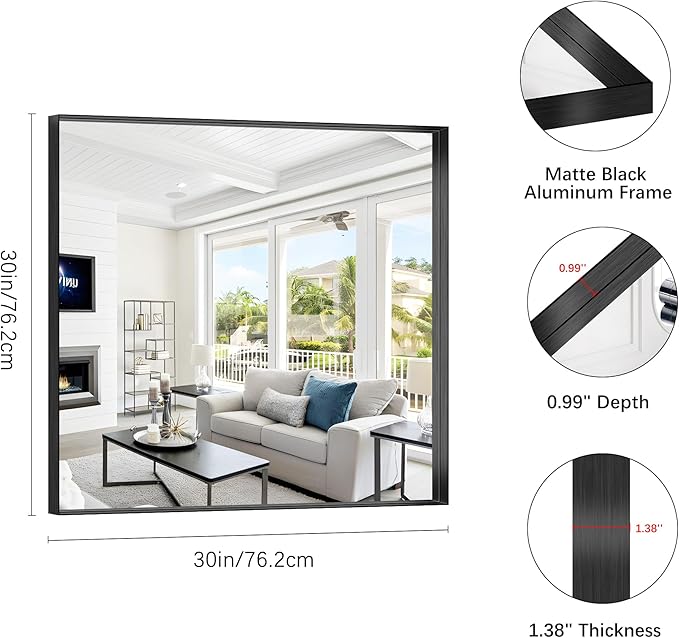 Black Bathroom Mirror, 30x30 Inch Rectangular Framed Mirror, Large Wall Mounted - Image 3