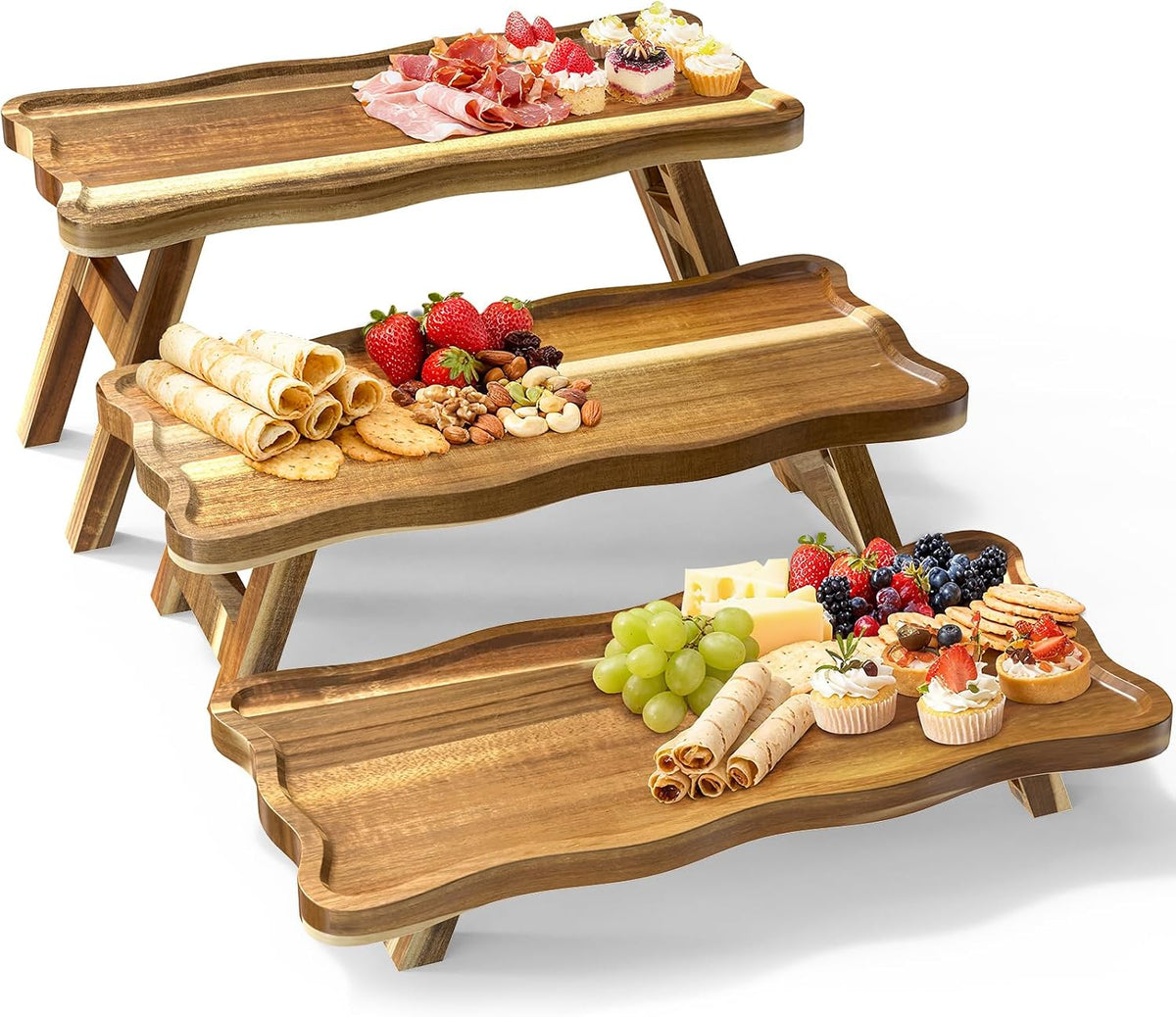 Acacia Wood 3 Tier Cupcake Stand, Serving Tray for Party, Foldable Dessert Ta...