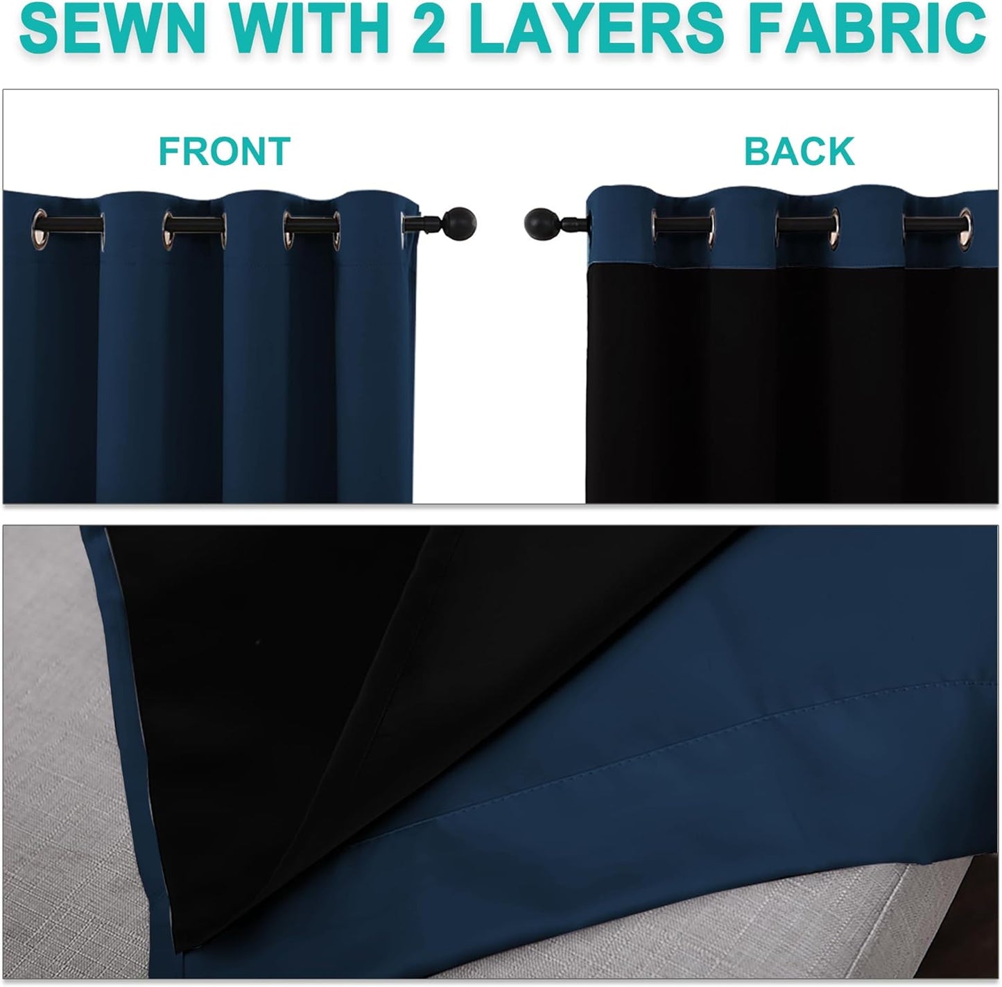 NICETOWN 100% Blackout Short Curtains with Black Liners, 2 Panels, 37" W by 40" L, Moroccan Blue, Thermal Insulated Full Blackout 2-Layer Lined Drapes, Energy Efficiency Window Draperies for Bedroom