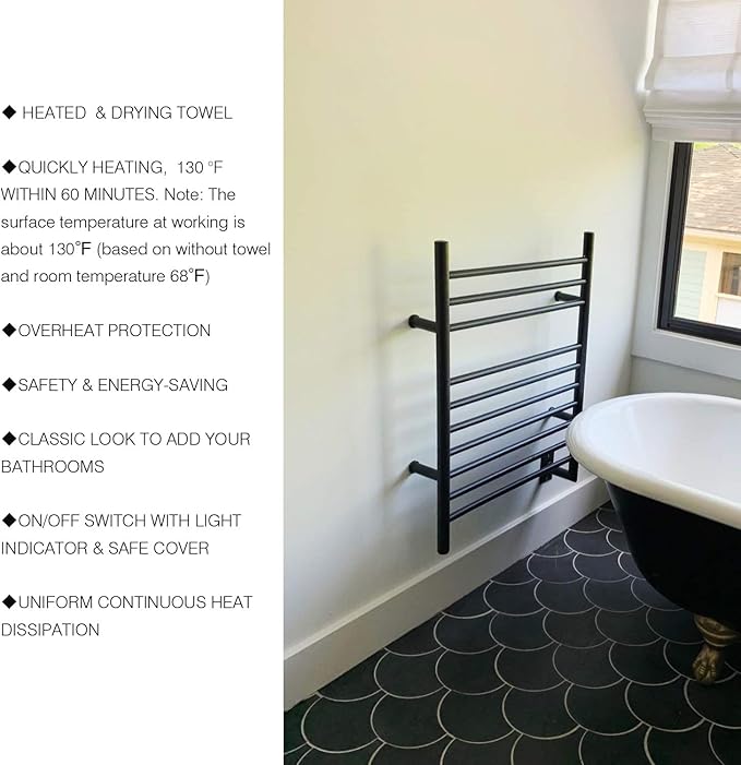 HEATGENE Towel Warmer Wall-Mounted Hardwired Heated Towel Rack Matte Black - Image 4
