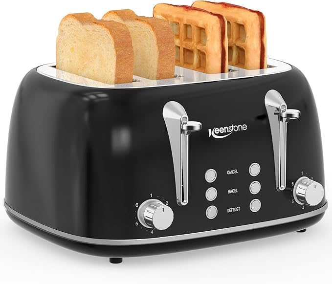 Keenstone Toaster 4 Slice, Retro Stainless Steel Wide Slot Toaster by Keenstone