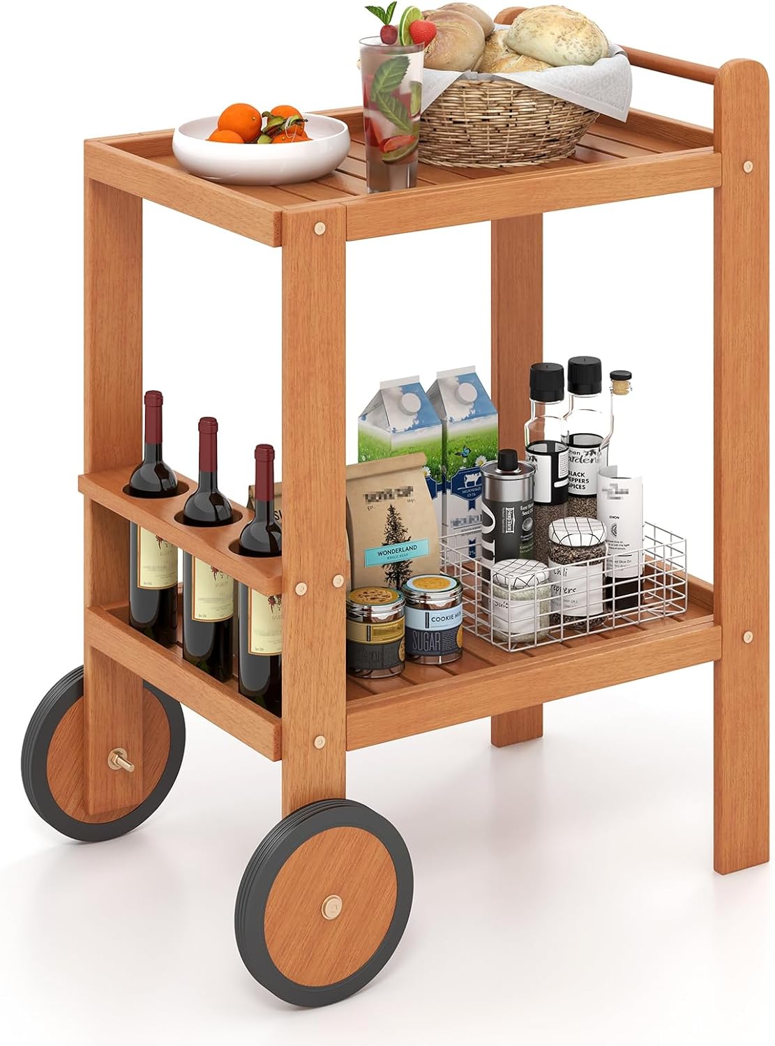 Tangkula 2-Tier Rolling Bar Cart with Rubber Wheels, Natural