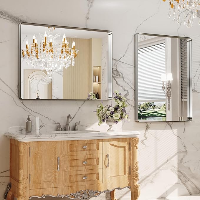LOAAO 40X24 Inch Brushed Nickel Bathroom Mirror, Rounded Rectangle Silver Metal - Image 6