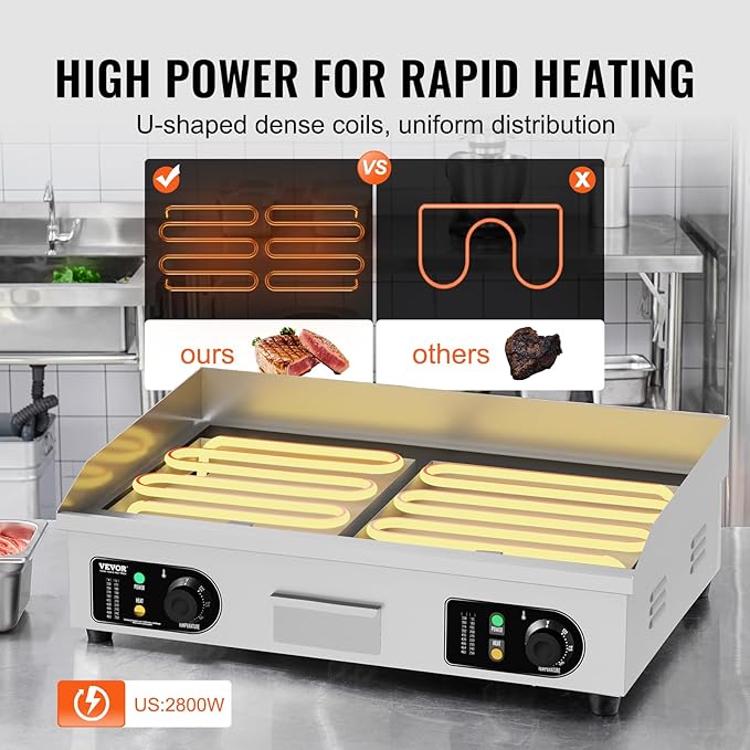 VEVOR Upgraded Commercial Electric Griddle, 2800W Stainless Steel Countertop - Image 3