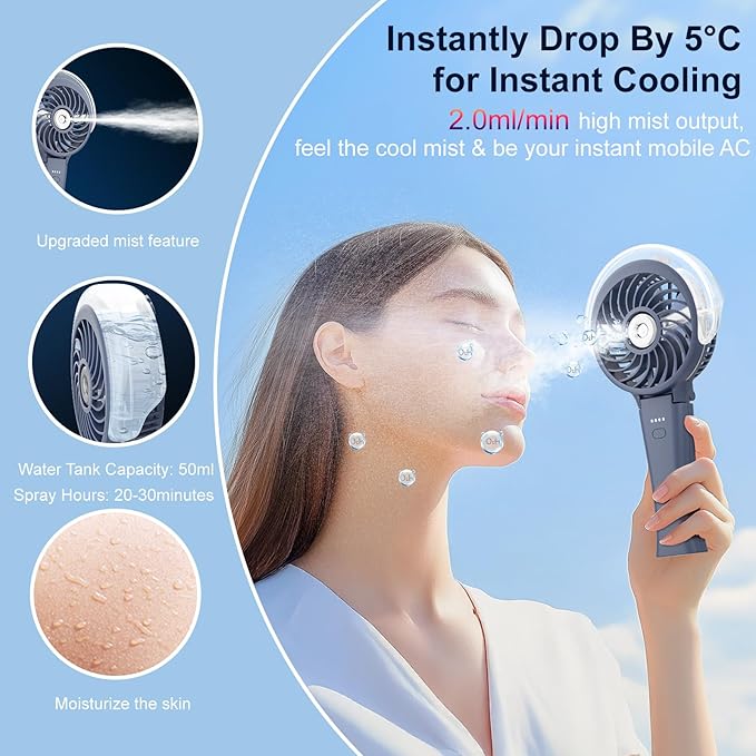 HandFan 4000mAh Upgraded Handheld Misting Fan, 50ml Water Tank, Rechargeable - Image 2