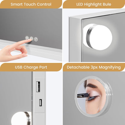 IDEALHOUSE Vanity Mirror with Lights, 15 Dimmable LED Bulbs, 3 Color Modes, Stepless Dimming, Touch Control, USB Charging Port, Tabletop or Wall Mount, 3X Mirror