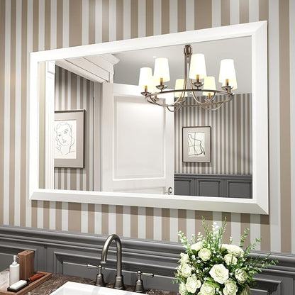 Amorho Bathroom Mirror, 48X32 Inch White Thick Metal Framed Wall Mirrors by Amorho
