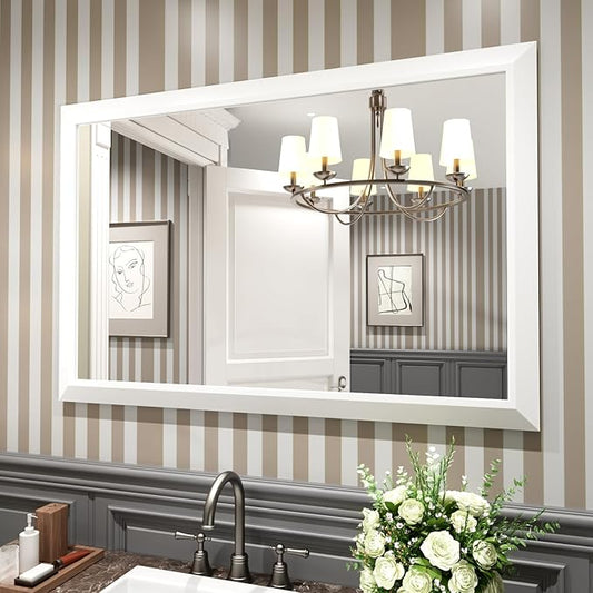 Amorho Bathroom Mirror, 48X32 Inch White Thick Metal Framed Wall Mirrors by Amorho