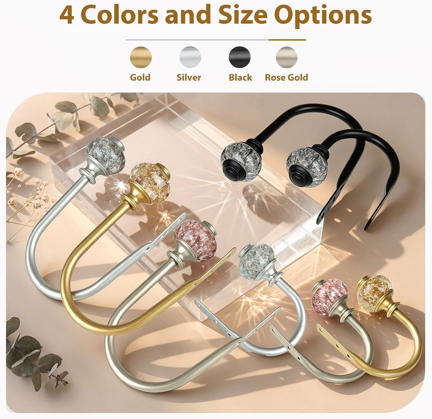 Rose Gold Curtain Holdbacks, Decorative Drapery Tiebacks, 1 Pair | Curtain Hooks for Drapes, Wall Mounted, Vintage Crystal Finials, Durable Metal Material, Size: Small(3.95" L x 3.4" W)