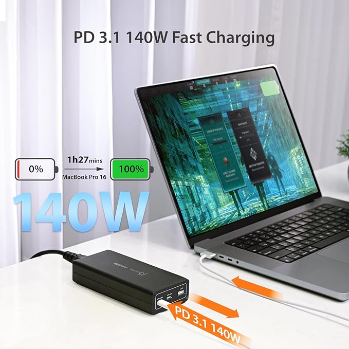 j5create 185W GaN USB-C/A 3-Port Laptop Super Charger w/Power Delivery 3.1 - Image 3