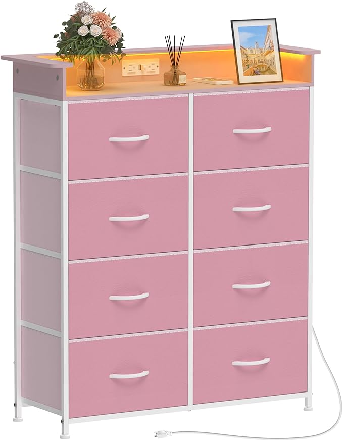Pink Dresser for Bedroom with Charing Station Dressers with LED Lights Tall - Image 8