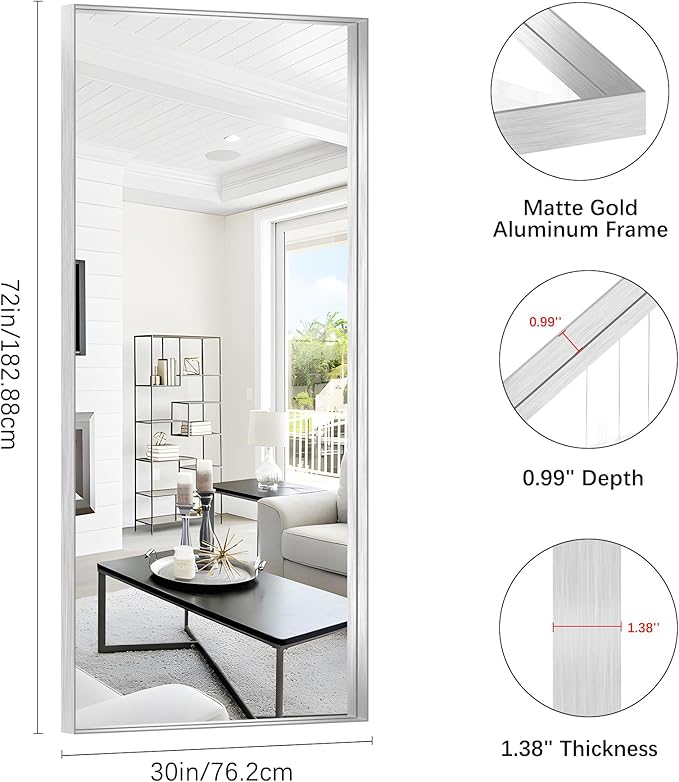 Silver Bathroom Mirror, 72x30 Inch Rectangular Deep Frame Mirror, Large Wall - Image 3