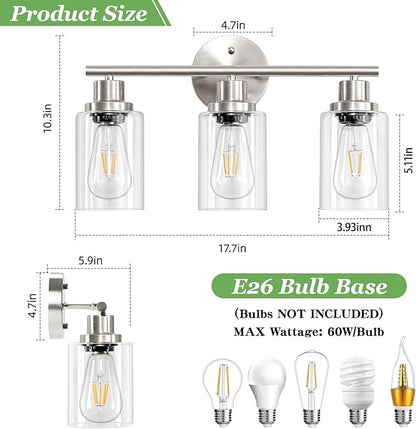 Guliaofo 3-Light Brushed Nickel Vanity Lights, E26 Modern Bathroom Light - Image 2