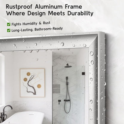2 Pack Brushed Nickel Bathroom Mirrors 24x36 Inch | Silver Rectangle Vanity Mirror for Bedroom, Entryway, Living Room Decor, Aluminum Framed, Curved Wide Edge, Anti-Rust