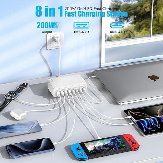 USB C Charger Block, 200W GaN 8 Port USB C Charging Station USB Hub Block Cube - Image 2