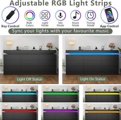 9 Drawer Dresser with Power Outlet, Dresser with LED Light, Modern Chest of - Image 4