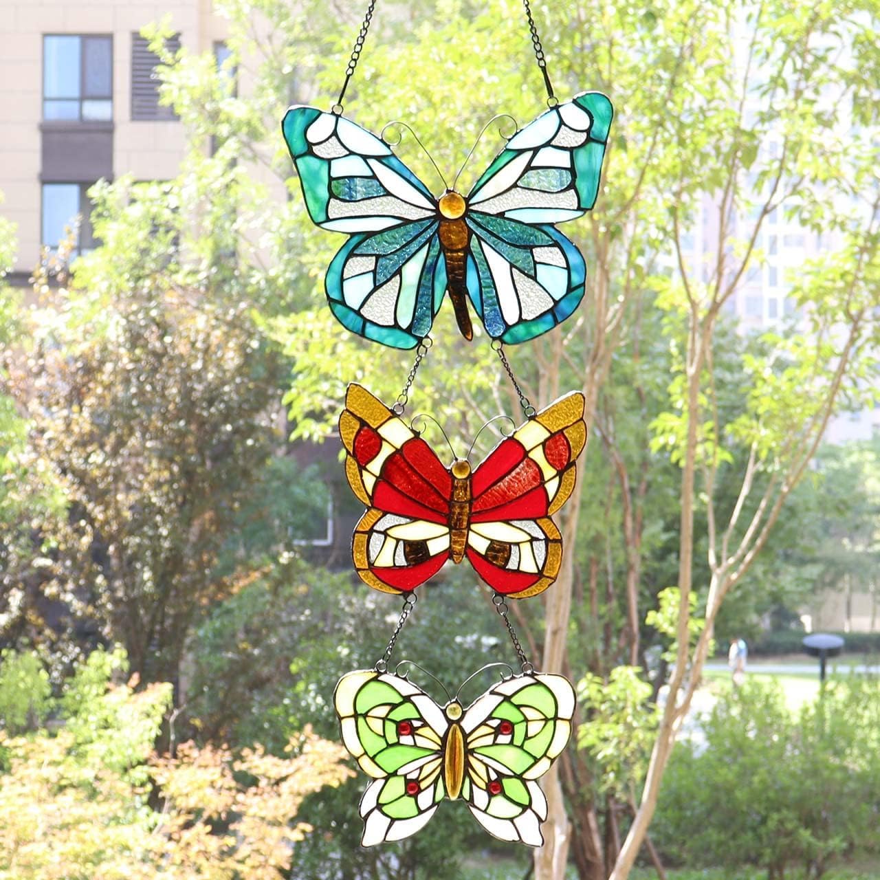 Bieye W10053 Butterfly Tiffany Style Stained Glass Window Panel with 3 Pieces Hanging Successively Within Chains, 12" W x 25" H
