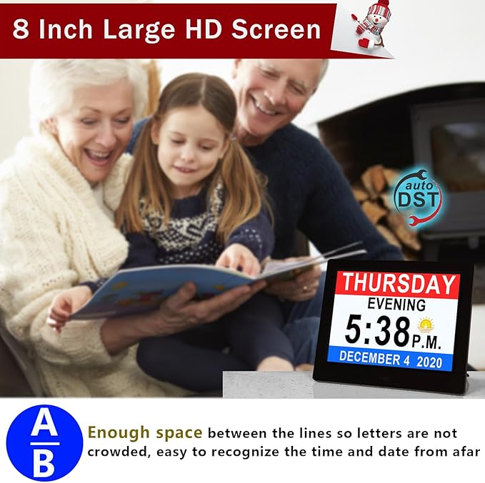 Véfaîî 19 Alarms Dementia Clock 8 Inch Large Display, Auto DST, 10 Levels Auto - Image 3