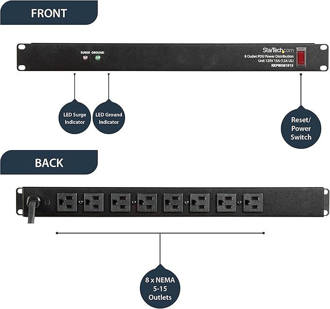 StarTech.com 8 Outlet Horizontal 1U Rack Mount PDU Power Strip - Image 4