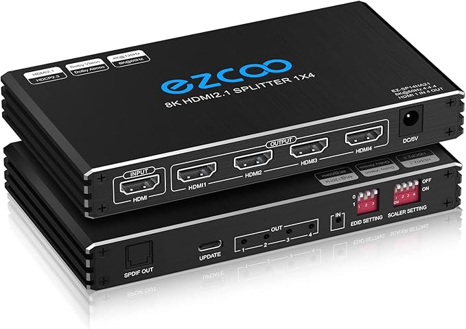 HDMI Splitter 1x4 4K 120Hz 4:4:4 HDR 8K 60Hz VRR G/Sync EDID Switch HDCP 2.2 by EZCOOTECH