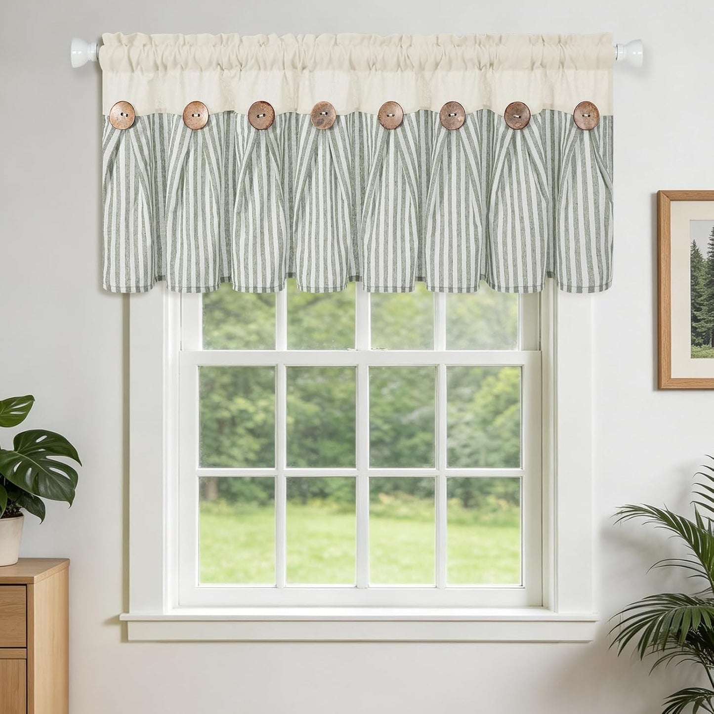 BLEUM CADE Farmhouse Valances for Windows, Cotton Linen Kitchen Curtains Valance, Boho Small Window Curtains for Kitchen, Bathroom, Cafe, Green Stripe Valance with Rustic Buttons, 52 x 18 Inch