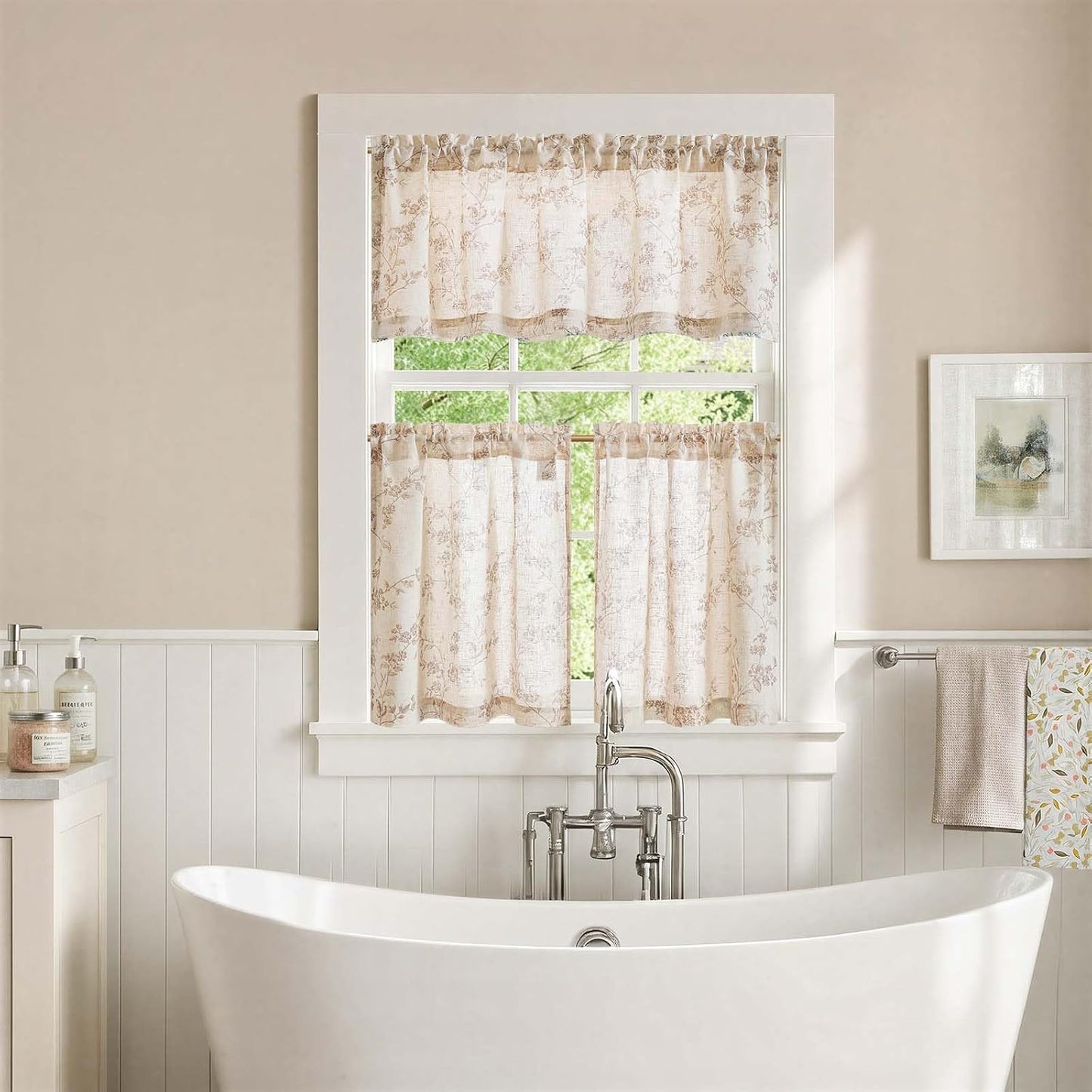jinchan Floral Kitchen Curtains Set 24 Inch Length Farmhouse Linen Cafe Curtains and Valance Set for Living Room Bathroom Small Window Treatments Rod Pocket 3 Panels Taupe on Linen