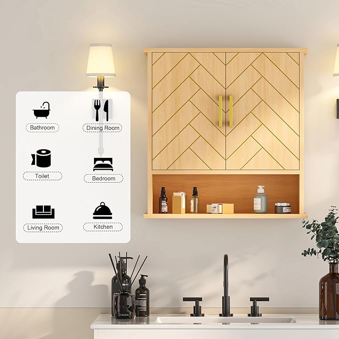 Natural Chevron Pattern Bathroom Wall Mount Cabinet, Over The Toilet Storage - Image 4