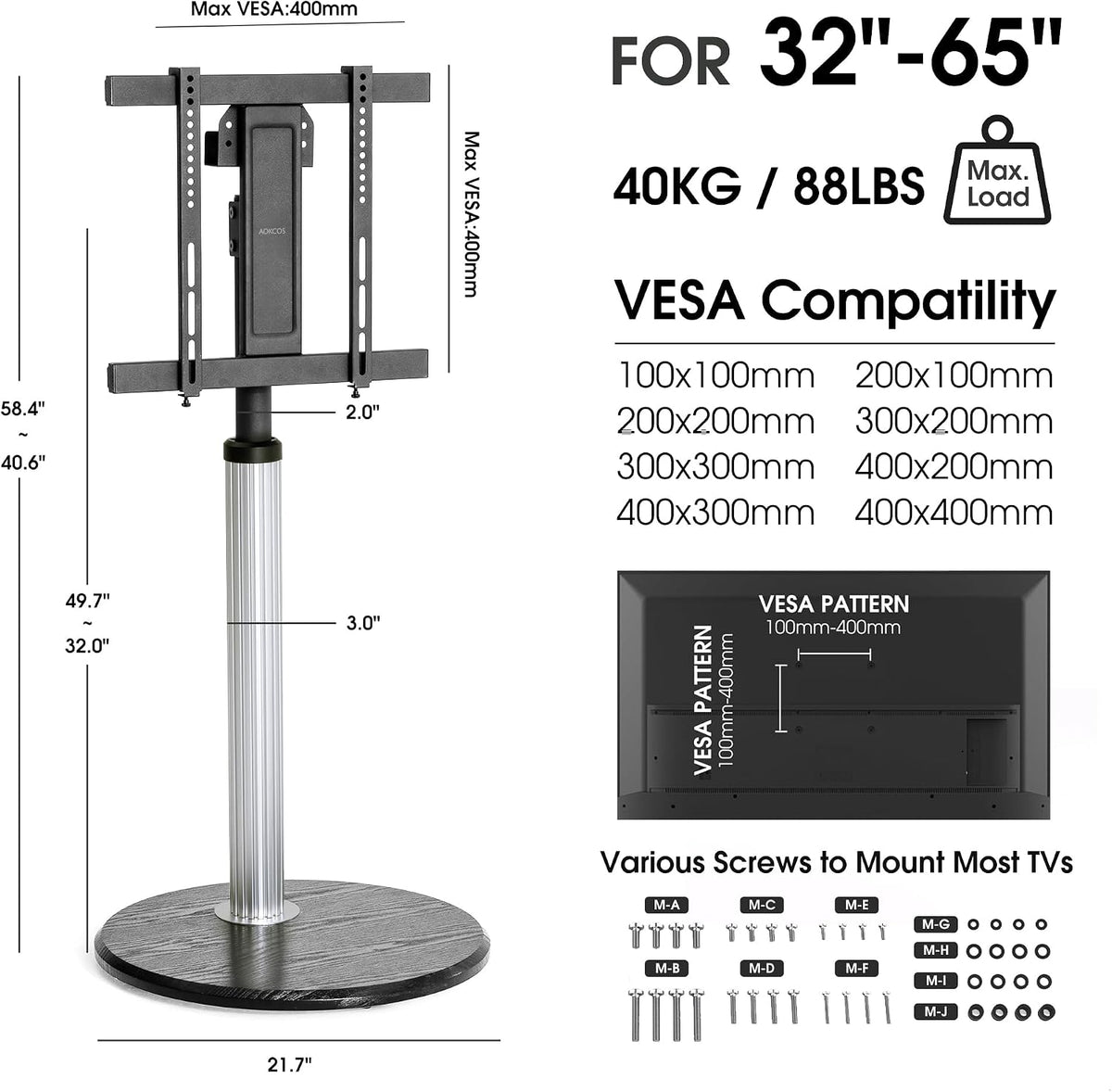 AOKCOS Aluminum Grille Rolling TV Stand for 32-65 inch TVs up to 88lbs, Heigh...