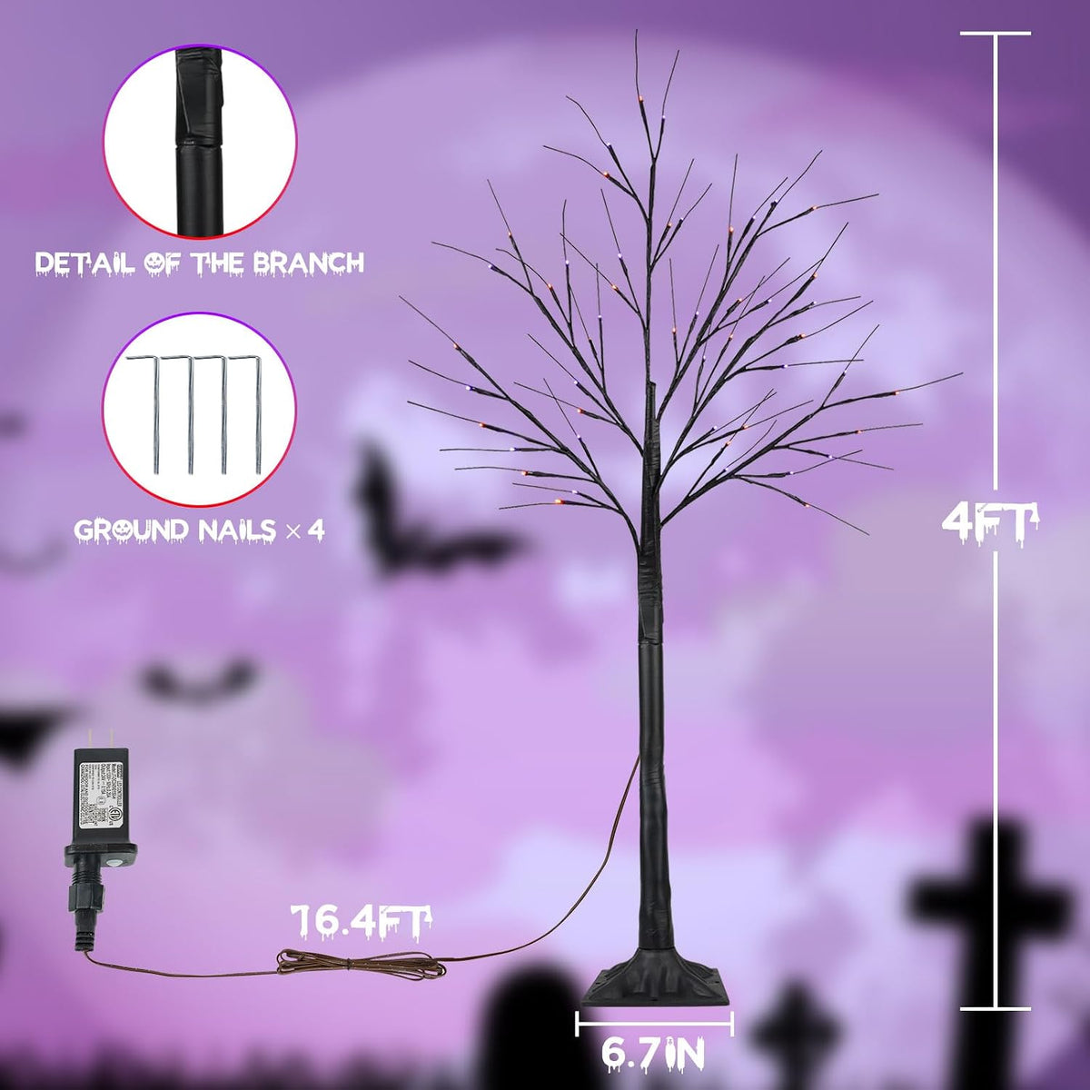 2 Pack 4FT Halloween Lighted Black Tree with 100 LED Orange & Purple Lights