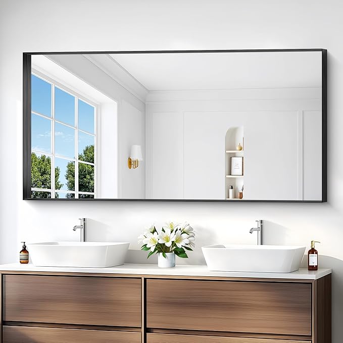Black Bathroom Mirror, 30x60 Inch Rectangular Deep Frame Mirror, Large Wall - Image 2