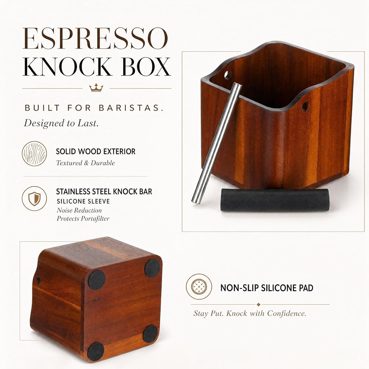 Hushee 5 Inch Espresso Knock Box, Acacia Wood Coffee Puck Knockbox with Remov...