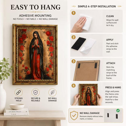SQHVFXWR Golden Frame Our Lady of Guadalupe Canvas Wall Art with Religious Virgin Mary Painting Decor for Home Church Office - Red Rose & Halo Blessed Virgin Artwork16x24in