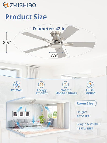 ZMISHIBO 42 Inch Ceiling Fan No Light, Flush Mount Low Profile, Modern Nickel - Image 4