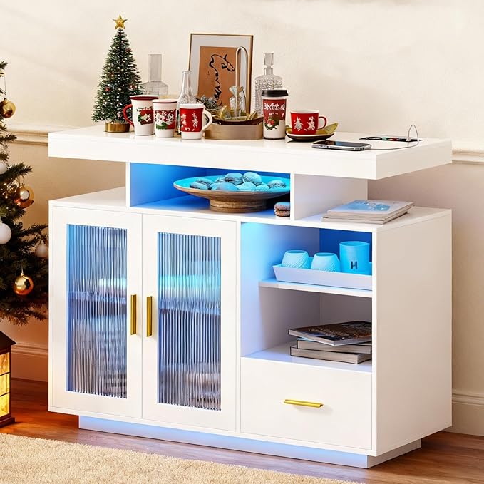 40" Wood LED Coffee Bar with Wireless Charging Station, Kitchen Storage Cabinet by MDGC