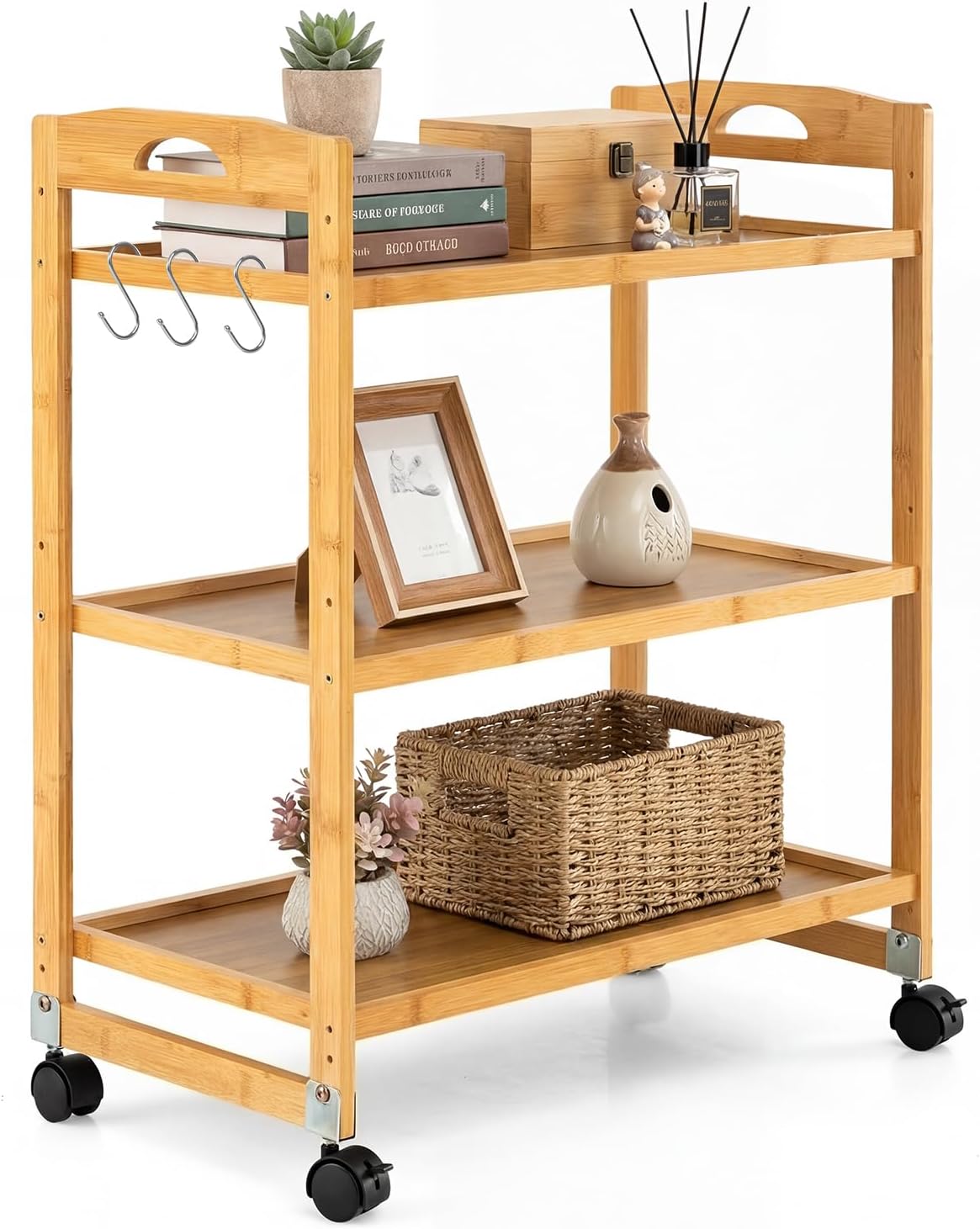 GIANTEX 3-Tier Rolling Storage Cart, Bamboo Utility Cart w/ 3 Side Hooks &amp...