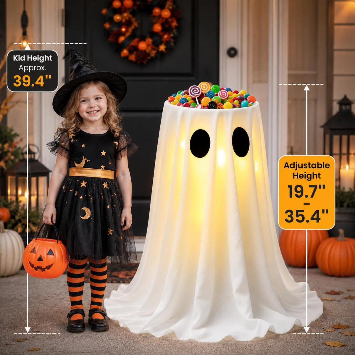 Halloween Cute Ghost Candy Holder with LED Lights for Front Door Outdoor