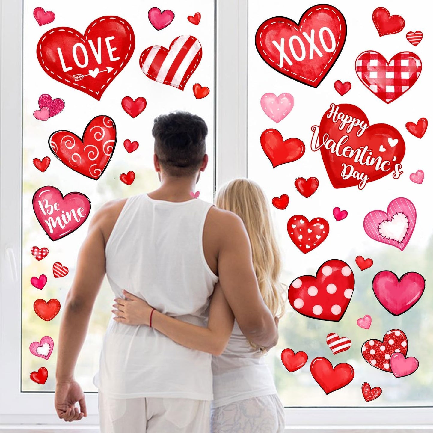 Valentine's Day Window Clings Love Hearts, 76 Pcs Pink Red Heart Large Window Stickers, Happy Valentines Watercolor Double-Sided Glass Decals Decor for Wedding Anniversary Home Party Decorations