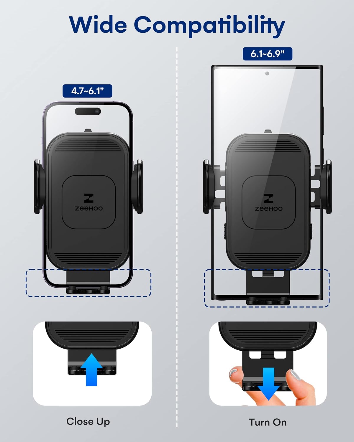 zeehoo wireless car charger, 15w fast charging, auto showing dimensions