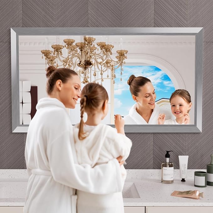 Amorho Bathroom Mirror, 50 X30 Inch Silver Thick Metal Framed Wall Mirrors - Image 6