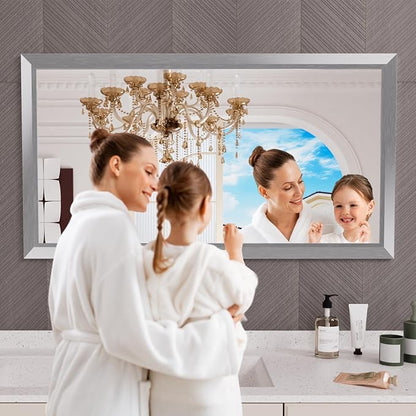 Amorho Bathroom Mirror, 50 X30 Inch Silver Thick Metal Framed Wall Mirrors - Image 6