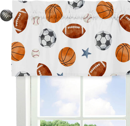 Sweet Jojo Designs Sports Theme Boy Window Valance Curtain Treatment Baby Nursery Kids Room Kitchen Bathroom Bedroom Watercolor Vintage Sport Themed Soccer Balls Football Baseball Basketball Blue Star