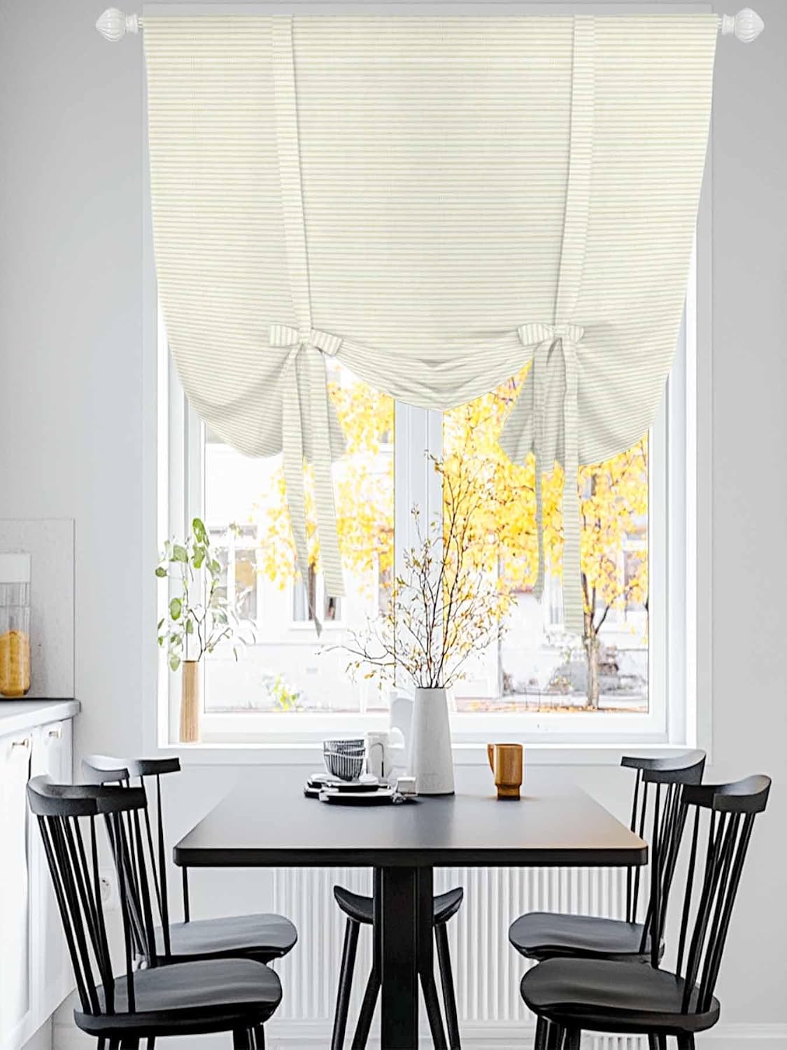 Beige Stripes Seamless Tie Up Curtains for Windows, Modern Minimalist Art Rod Pocket Window Shade Adjustable Balloon Curtain Valance for Bedroom Kitchen Bathroom Blinds 34x45in