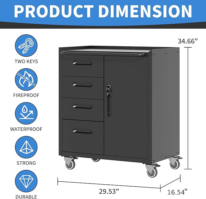 Metal Storage Cabinet with Wheels, Garage Storage Cabinet with 1 Door and 4 - Image 3