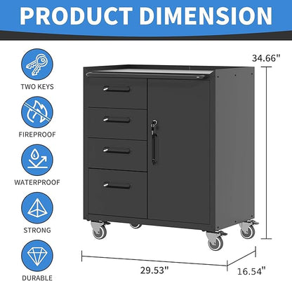 Metal Storage Cabinet with Wheels, Garage Storage Cabinet with 1 Door and 4 - Image 3