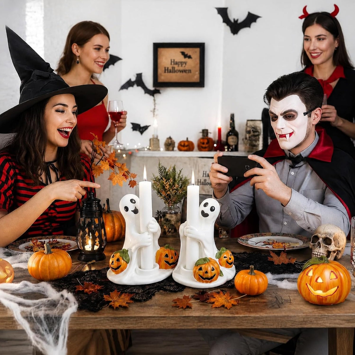 Vesici 2 Pcs Halloween Pumpkin and Ghost Candle Holder for Centerpieces