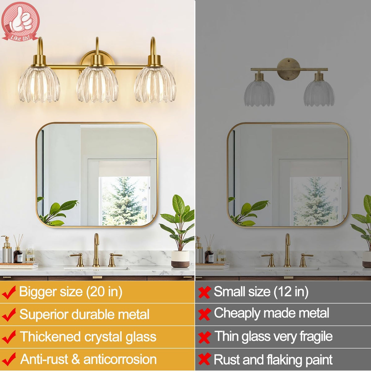 3-Light Bathroom Light Fixtures, 20" Brushed Gold Vanity Lights for Bath...